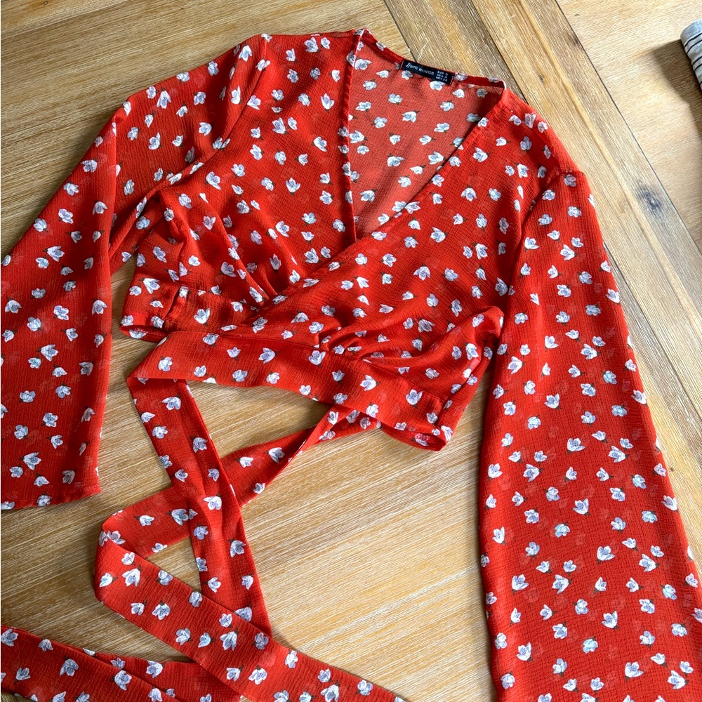 Cherry Red Cropped Wrap Blouse